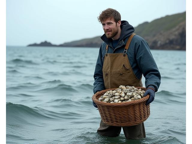Pêcheur cueillant des huîtres en Bretagne