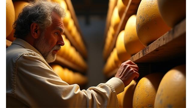 Maître fromager dans une cave d'affinage