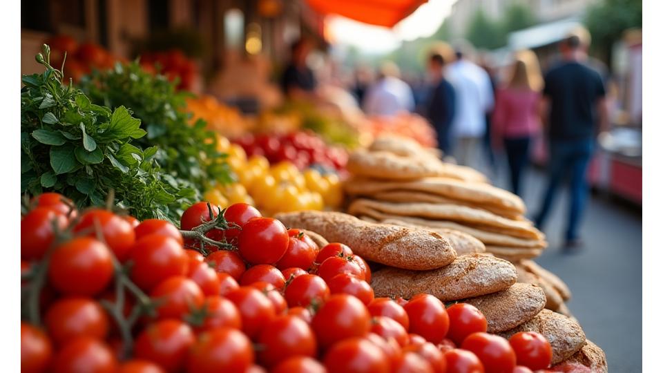 Marché provençal animé avec étals de produits frais