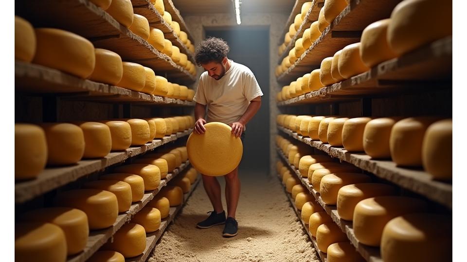 Producteur de fromage affinant ses produits dans une cave