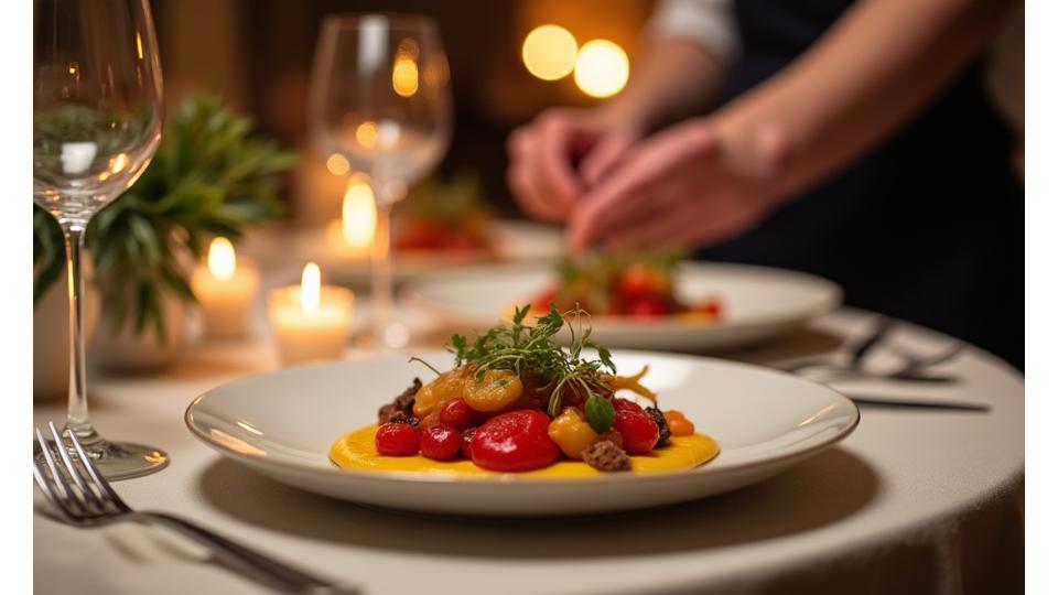 Dîner gastronomique avec plats raffinés et vins